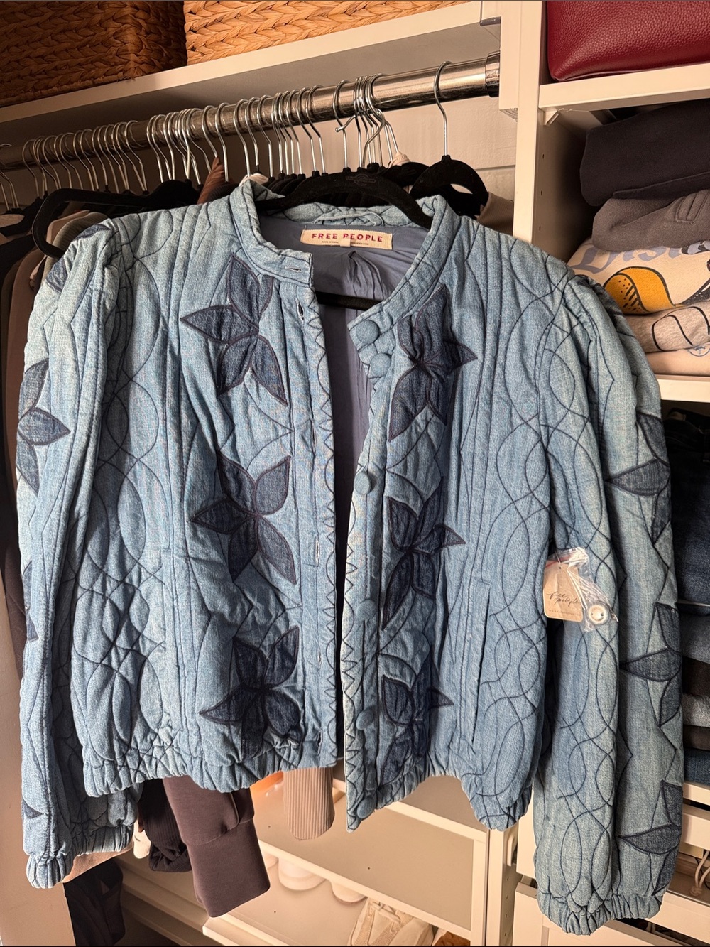 Free People Light Blue Quilted Jacket with Floral Embroidery